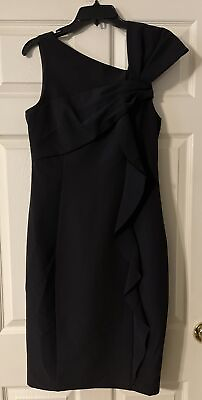 #ad Vince Camuto Black Cocktail Dress Sz 8 Bow Shoulder amp; Ruffle Front $9.95