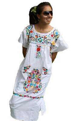 White Boho Vintage Style Hand Embroidered Tunic Mexican Dress Hippie Puebla $29.99