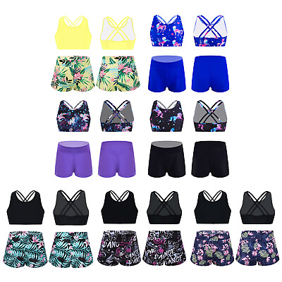 #ad Girls 2 Pieces Swimsuit Crisscross Back Top with Boyshorts Tankini Bathing Suits $14.71