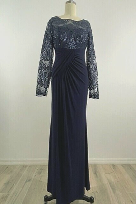 #ad Eliza J $208 Navy Sequined Lace Sleeves Slit Formal Maxi Gown Dress Size 4 $39.99