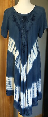 #ad Raya Sun Women’s Sundress Sz M Blue Tie Dyed Floral Embroidery Beach Asymmetric $18.00