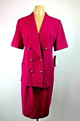 #ad Vintage Oleg Cassini Womens 2pc Skirt Suit Size 14 Red Violet Pink NWT $70.00
