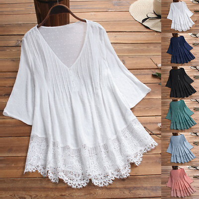 #ad Plus Size Boho Womens V Neck Summer Short Sleeve Lace T Shirt Solid Blouse Tops $21.29