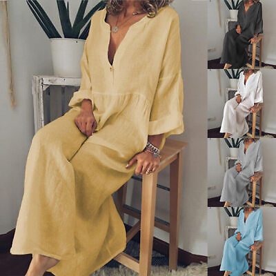 Womens Cotton Linen V Neck Baggy Kaftan Maxi Dress Casual Long Sleeve Sundress $12.99