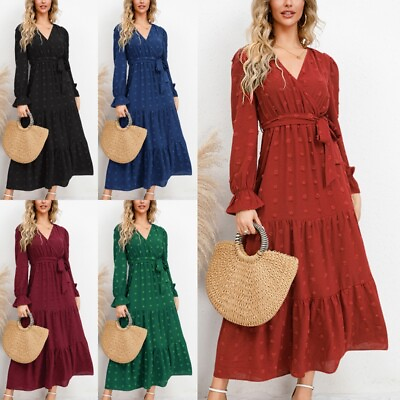 Ladies Casual Long Sleeve Party LooseWomen A Line Dress V Neck Maxi Dresses $33.56