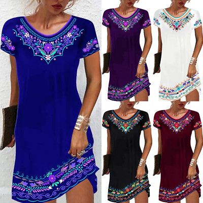#ad ✿Womens Boho Floral Midi Dress Ladies Summer Holiday Beach Loose Sundress $14.25