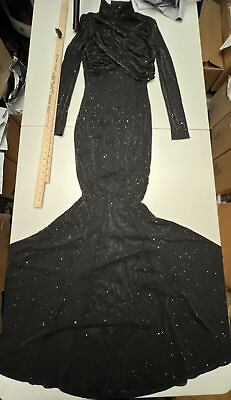 #ad NWT FASHION NOVA Among The Stars Black Metallic Maxi Dress Long Sleeve XS New $20.99