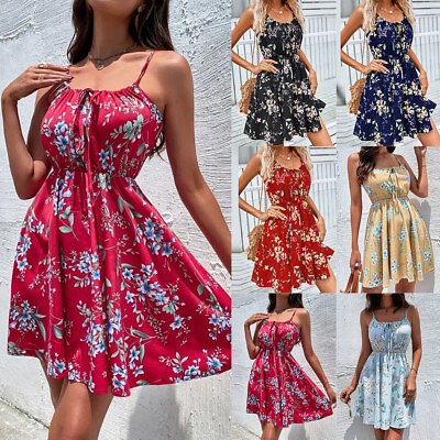 #ad Women Sexy Sleeveless Floral Summer Dress Ladies Casual Swing Holiday Sun Dress $21.29