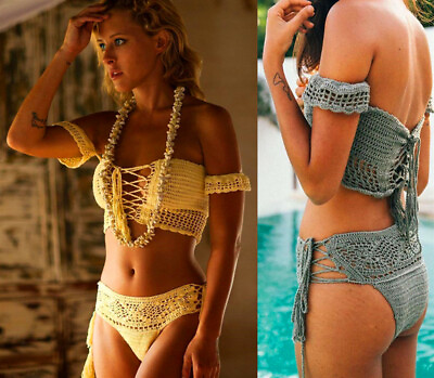 #ad Crochet Bikini Set Tassel Crop Top Bottom Sexy Festival Swimsuit Beach Clothing $21.72