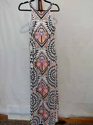 #ad women size M maxi dress multicolor geometric round neck side slits EUC $21.85