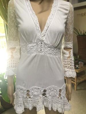 #ad Maggie Women#x27;s Small Ivory Flare Crochet BOHO Dress Long Sleeve $17.00