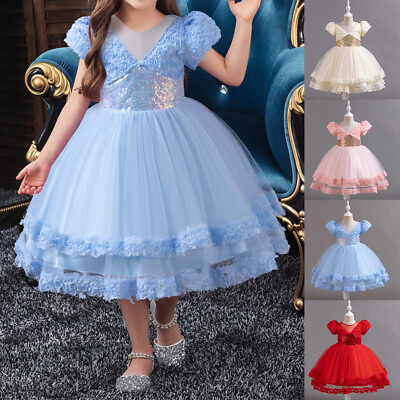 #ad Kids Girl Sequin Flower Princess Dress Short Sleeve Birthday Party Evening Dress $26.49