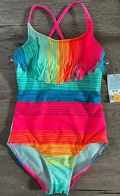 #ad Girls Cat And Jack One Piece Bathing Swim Suit Multi Color With Fringe M 7 8 $10.99