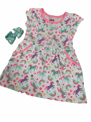 #ad Girl Dress w Matching Bow Size 3T Summer Spring Pleated Colorful Unicorns New $14.97
