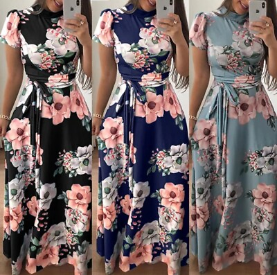 #ad O Neck Women#x27;s Long Plain Maxi Dress Casual Long Dress Floral Print NEW W TAG $20.00