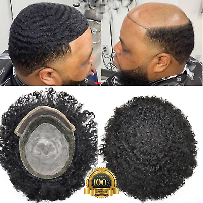 #ad Mens Toupee Lace Front Afro Curl Black Human Hairpiece African American Wig PU B $209.00