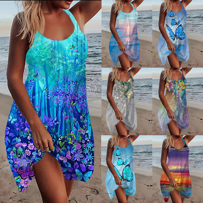 Womens Boho Floral Sleeveless Mini Dress Summer Holiday Beach Halter Sundress US $14.99