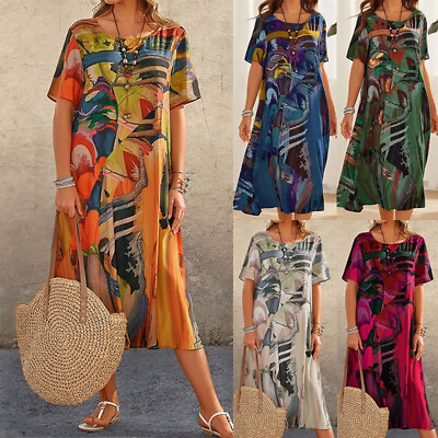 #ad Retro Boho Print Maxi Dress Ladies Holiday Casual Short Sleeve Dresse Sz S 5XL‹ $18.56