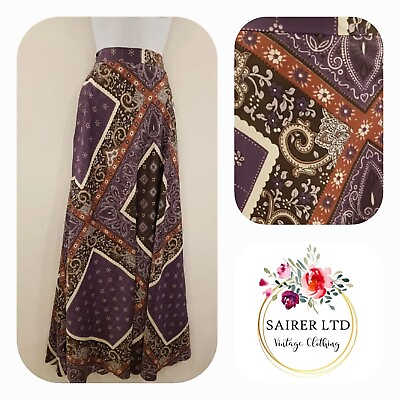 Vintage Skirt Size 10 Purple Geometric Floral Indian Long Maxi Tall Satin Hippy GBP 45.00