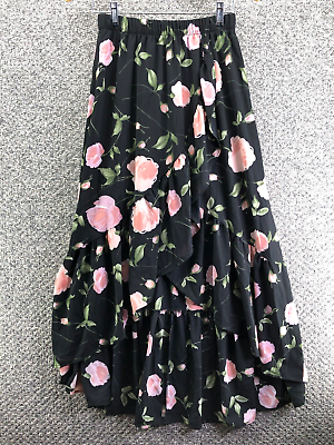 Mi Ami Ruffled Skirt Black Floral Asymmetrical Skirt Long Womens Sz S Lined $12.99