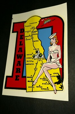 #ad Vintage Flex Cote car windshield luggage decal label Delaware girl bikini map $9.99