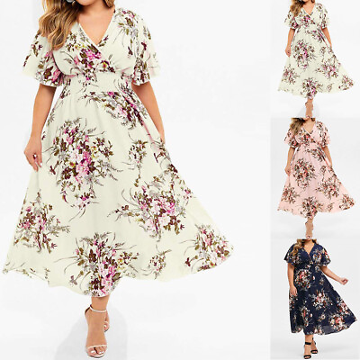 #ad Plus Size Women Summer Floral Swing Dress Ladies Short Sleeve Baggy Maxi Dresses $20.99