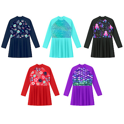 #ad Kids Girls Sunsuit Summer Dress Long Sleeve Dresses Floral Print Swimsuit Swim $16.81