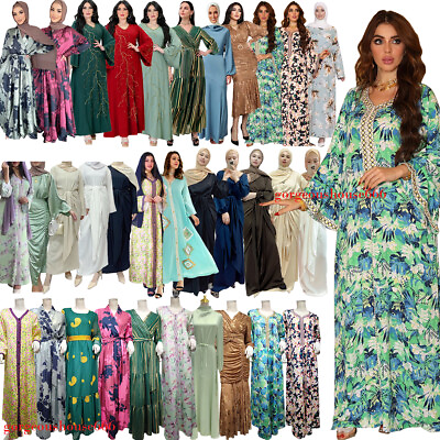 #ad Muslim Women Long Maxi Dress Abaya Floral Kaftan Robe Dubai Islamic Evening C $56.90