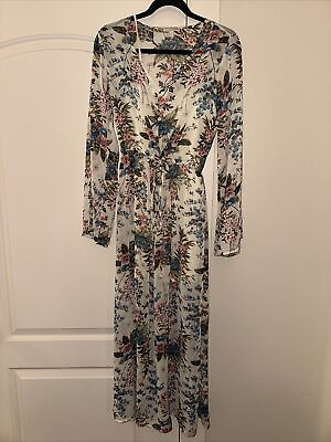 #ad GB Floral Sheer Long Sleeve Maxi Dress Sheer Bottom Lined Sz S Spring $27.00