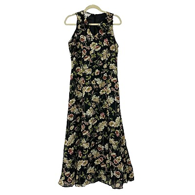 #ad Vintage David Warren Black Floral Maxi Dress Ruffle V neck Sz 12 Y2K Whimsical $25.00