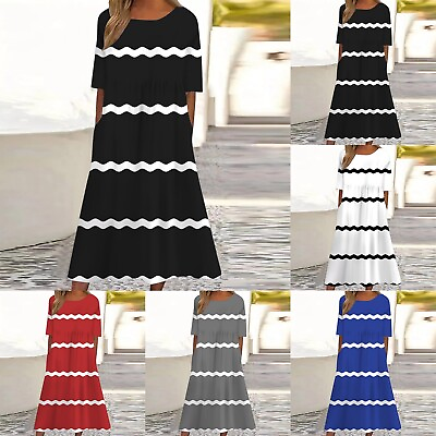 #ad Women E Boho Dress Short Sleeve O Neck Pocket Dress Casual Print Short Crewneck $36.16