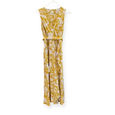Soma Yellow white Maxi Dress floral sleeveless v neck belted medium long $23.10