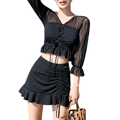 #ad 2pcs set Cute Bikini Good Elasticity Wire Free Long Sleeve Crop Top Mini Skirt $17.41