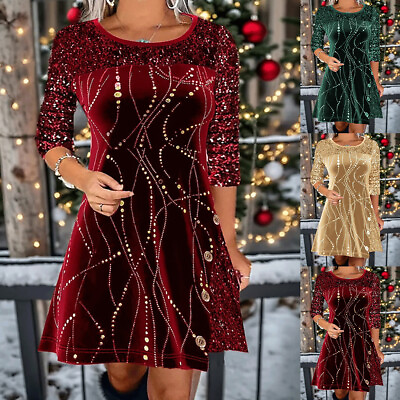 #ad Ladies Christmas Evening Party Dress Gown Women Long Sleeve Sequin Ruffled Dress $34.59