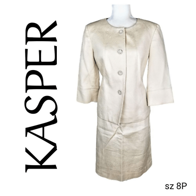 #ad Kasper 3 4 Sleeve Metallic Almond Gold Tan Woven Skirt Suit $35.00
