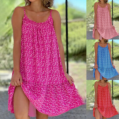 #ad Women Summer Holiday Dress Ladies Boho Beach Sleeless Sun Dress plus size $14.78
