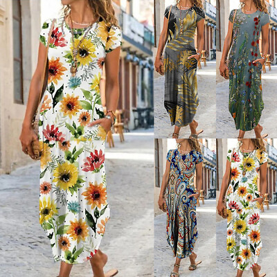 #ad Women Boho Floral Holiday Maxi Long Dress Casual Loose Summer Beach Sundress $23.27
