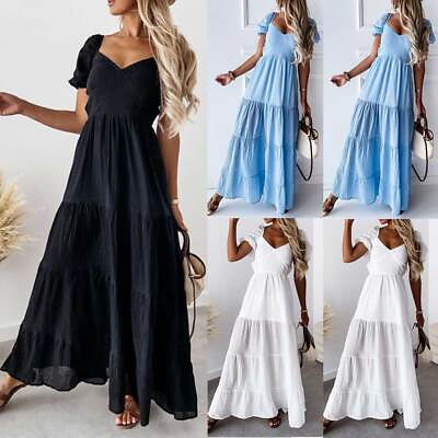 #ad Womens Boho V Neck Long Dress Summer Holiday Maxi Dress Loose Swing Sundress US $27.07