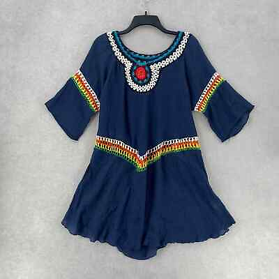 Embroidered Sheer Gauzy Beach Swim Cover Up Popover Dress Blue Size S M $28.21
