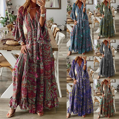 #ad Women Long Sleeve Floral Maxi Dress V Neck Holiday Courtly Style Elegant N GBP 15.98