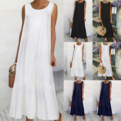 #ad #ad Womens Sleeveless A Line Solid Dress Ladies Round Neck Casual Long Dress Beach $20.87