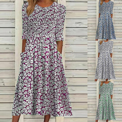 #ad Womens Floral Short Sleeve Midi Dress Pockets Pleated Summer Holiday Sundress US $22.07