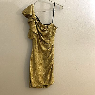 Hailey Gold One Shoulder Ruffle Metallic Mini Dress 2 Party Cocktail Women $21.99