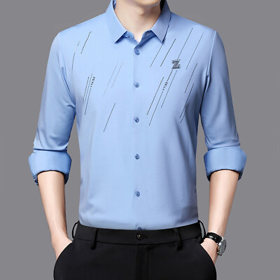 #ad New Men#x27;s Dress Shirts Formal Business Long Sleeves Printed Casual Shirts Tops $18.95