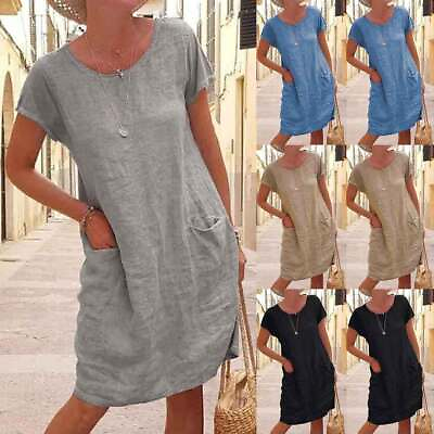 #ad Womens Summer Cotton Linen Midi Dress Ladies Casual Loose Pocket Shirt Dress US $20.99