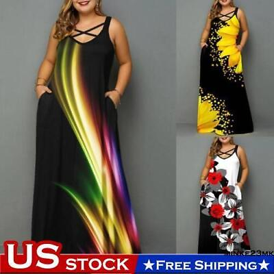 #ad Plus Size Womens Printed V Neck Sleeveless Maxi Dress Summer Boho Beach Sundress $26.09
