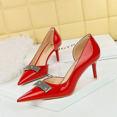 #ad Women#x27;s Fashion Pointy Toe Dimante High Heels Patent Leather Pump Party Shoes $39.12