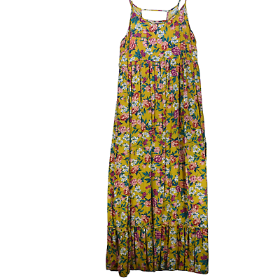 #ad #ad Mustard Yellow Maxi Dress Womens XXL Sundress Floral Lattice Back Peasant Boho $22.77
