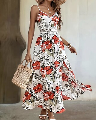 #ad New Women’s Tropical Floral Print Sleeveless High Slit Long Summer Dress XL $32.95