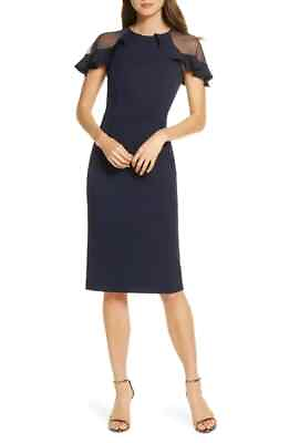 #ad Eliza J Navy Blue Sheer Ruffle Shoulder Cocktail Dress Size 4 Orig $228 $78.00